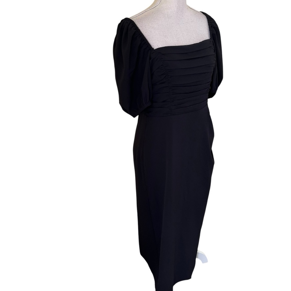 French Connection "Afina" Black Ruched Puff Sleeve Midi Dress with Slit M - Picture 10 of 15